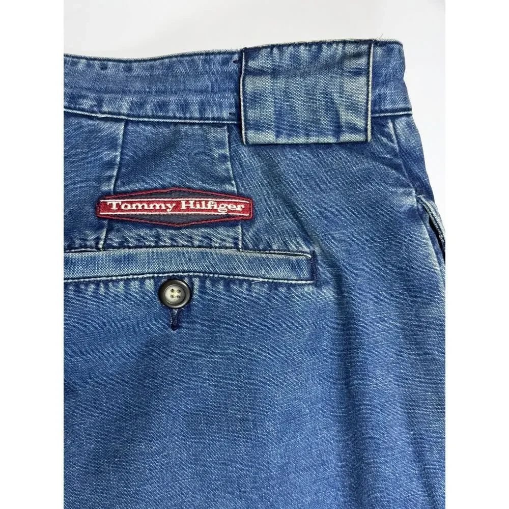 Tommy Hilfiger Vintage Mens 34x32 Blue Cotton Pants Pleated Baggy 90s